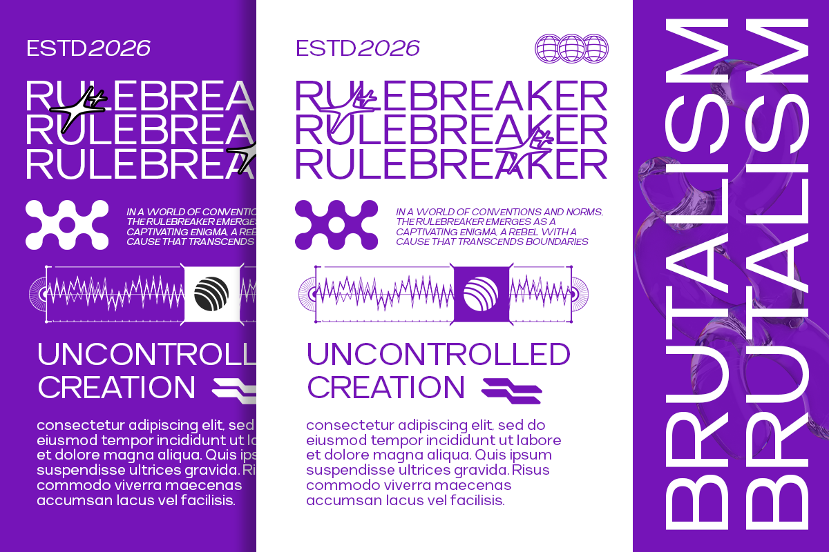 Rulebreaker poster series with bold purple typography, geometric elements, waveforms