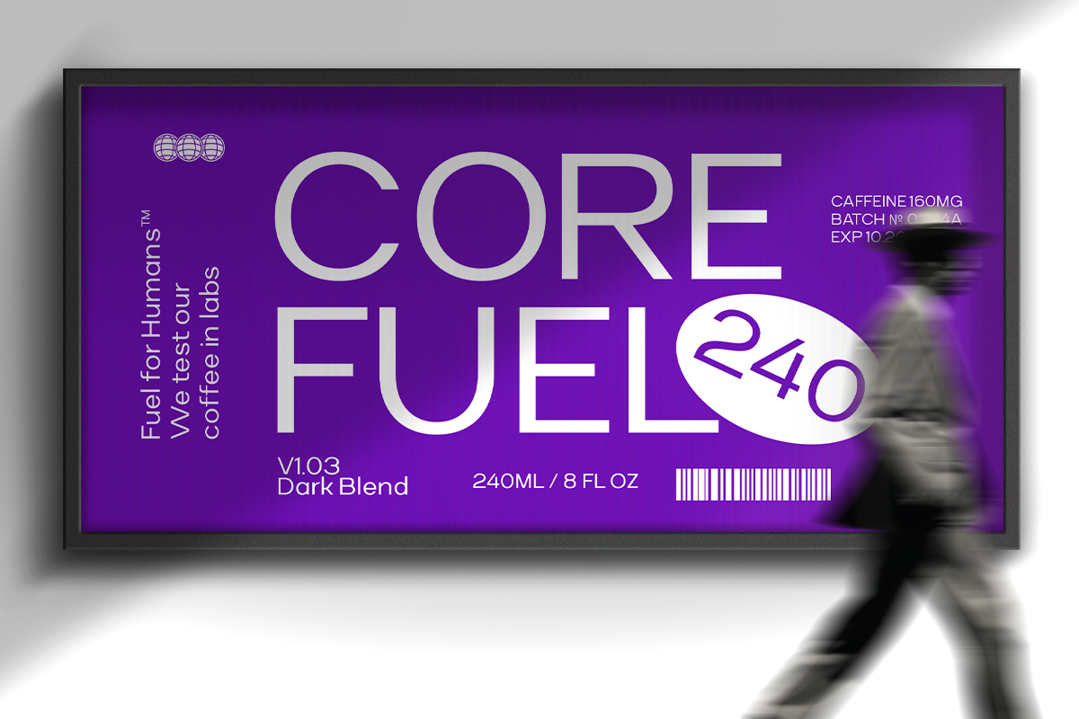 Core Fuel energy drink billboard mockup with vibrant purple background, blurred figure walking past