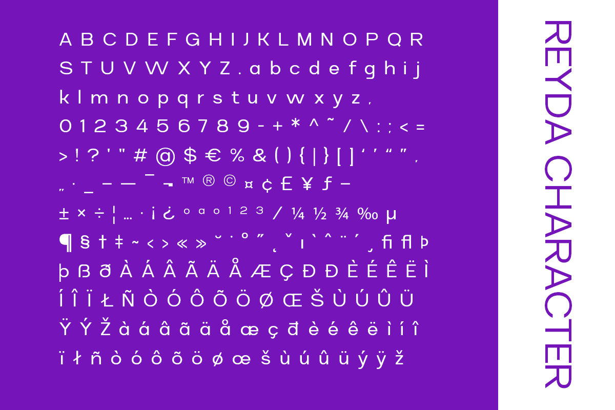 Reyda Character font showing full alphabet, numbers, symbols, international accents on vibrant purple background