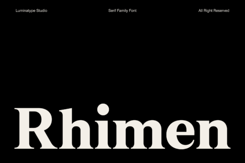Rhimen serif font displayed in large cream letters on black background