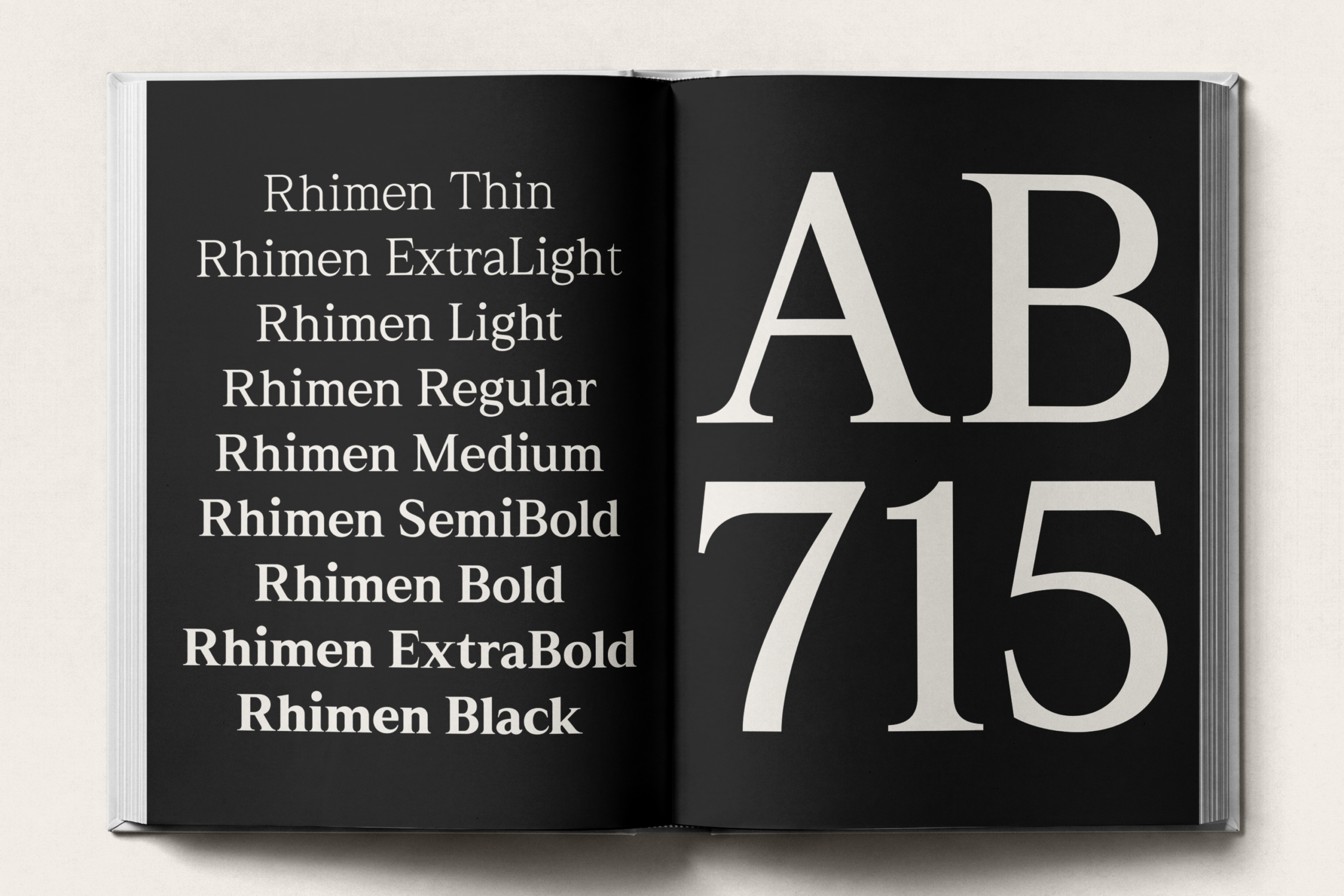 Open book showing Rhimen font family weights from Thin to Black displayed on black pages