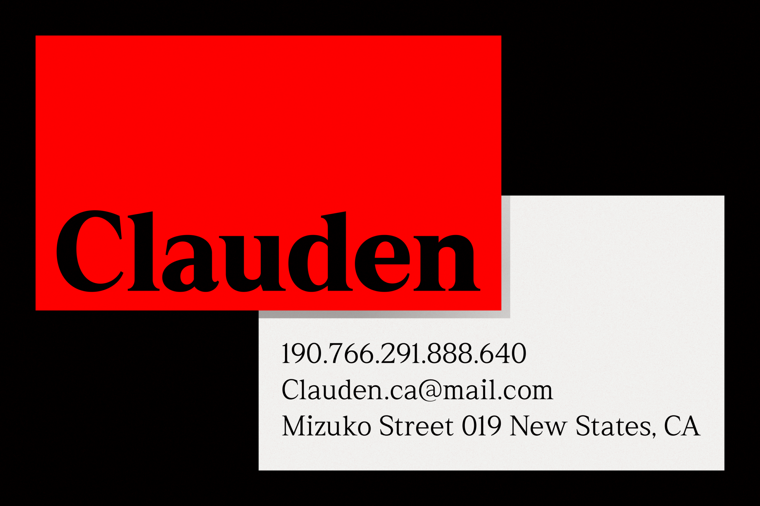 Bold red business card mockup with black serif typography, contact details on white section below