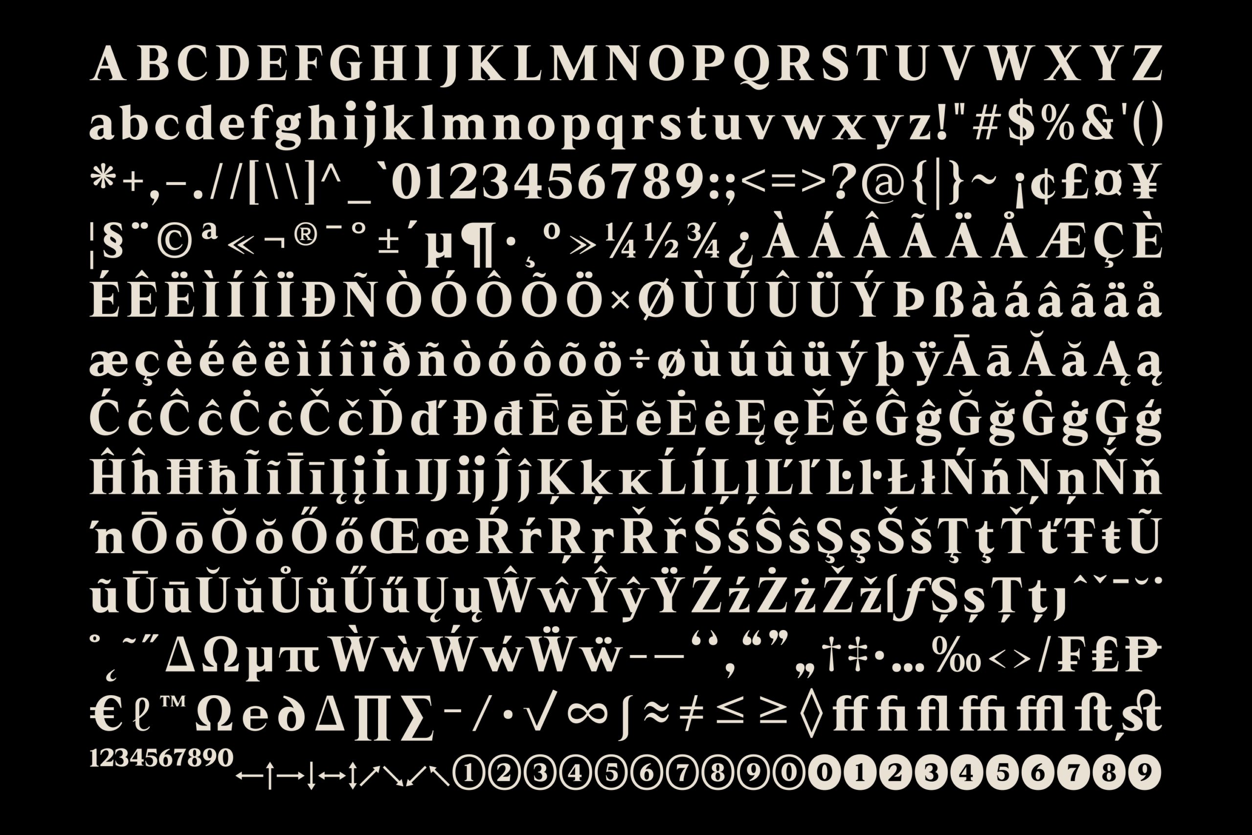 Serif font with full character set showing uppercase, lowercase, numbers, symbols, ligatures on black background