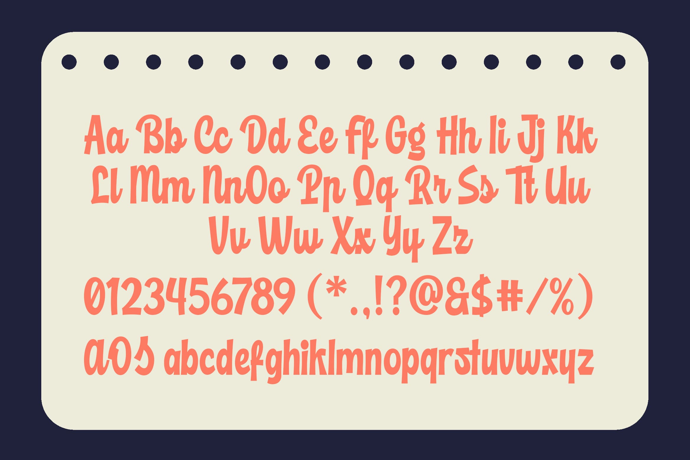 Retro coral script font with full character set, numbers, symbols on cream background