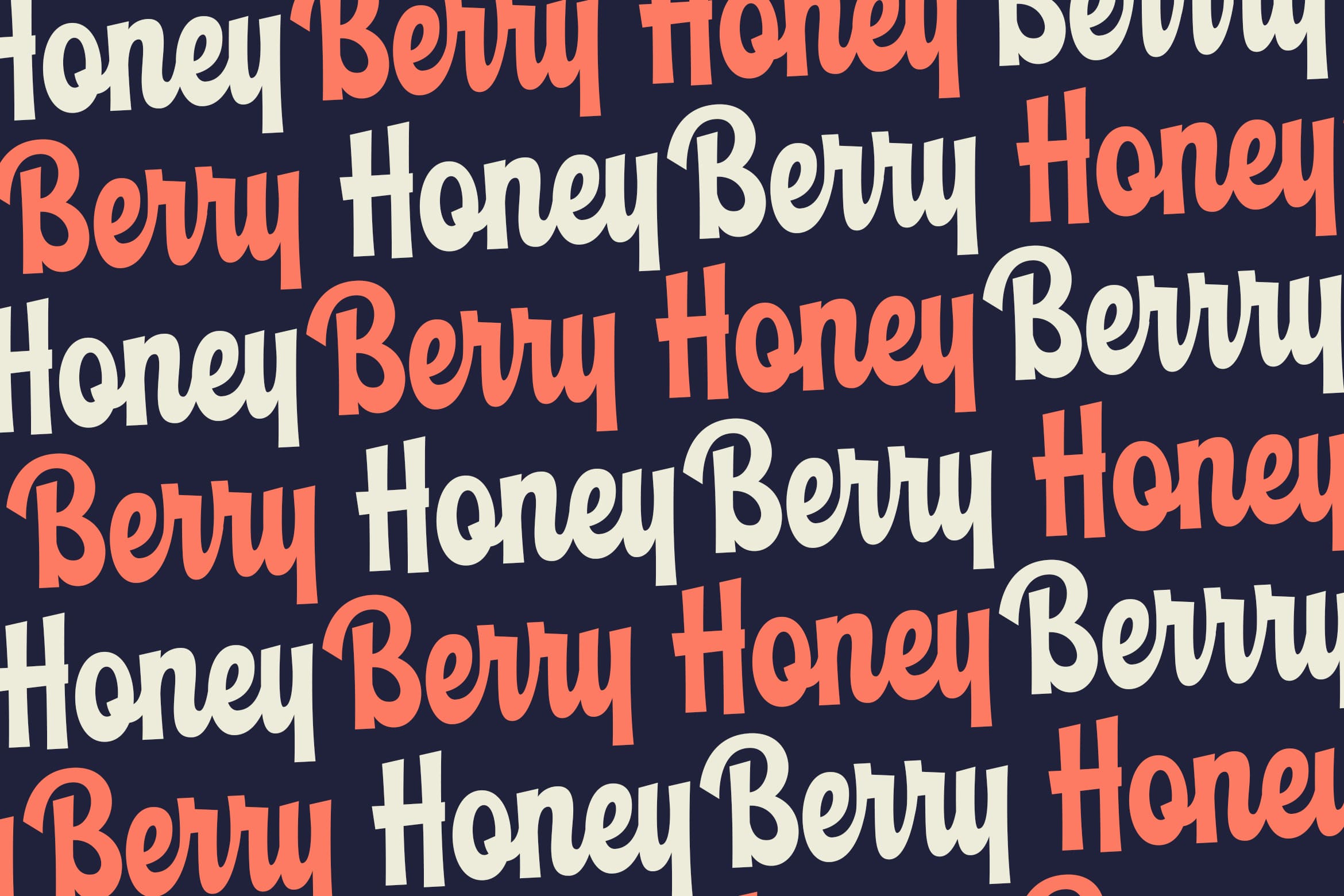 Berry Honey typeface repeating in coral, cream, white across navy background pattern