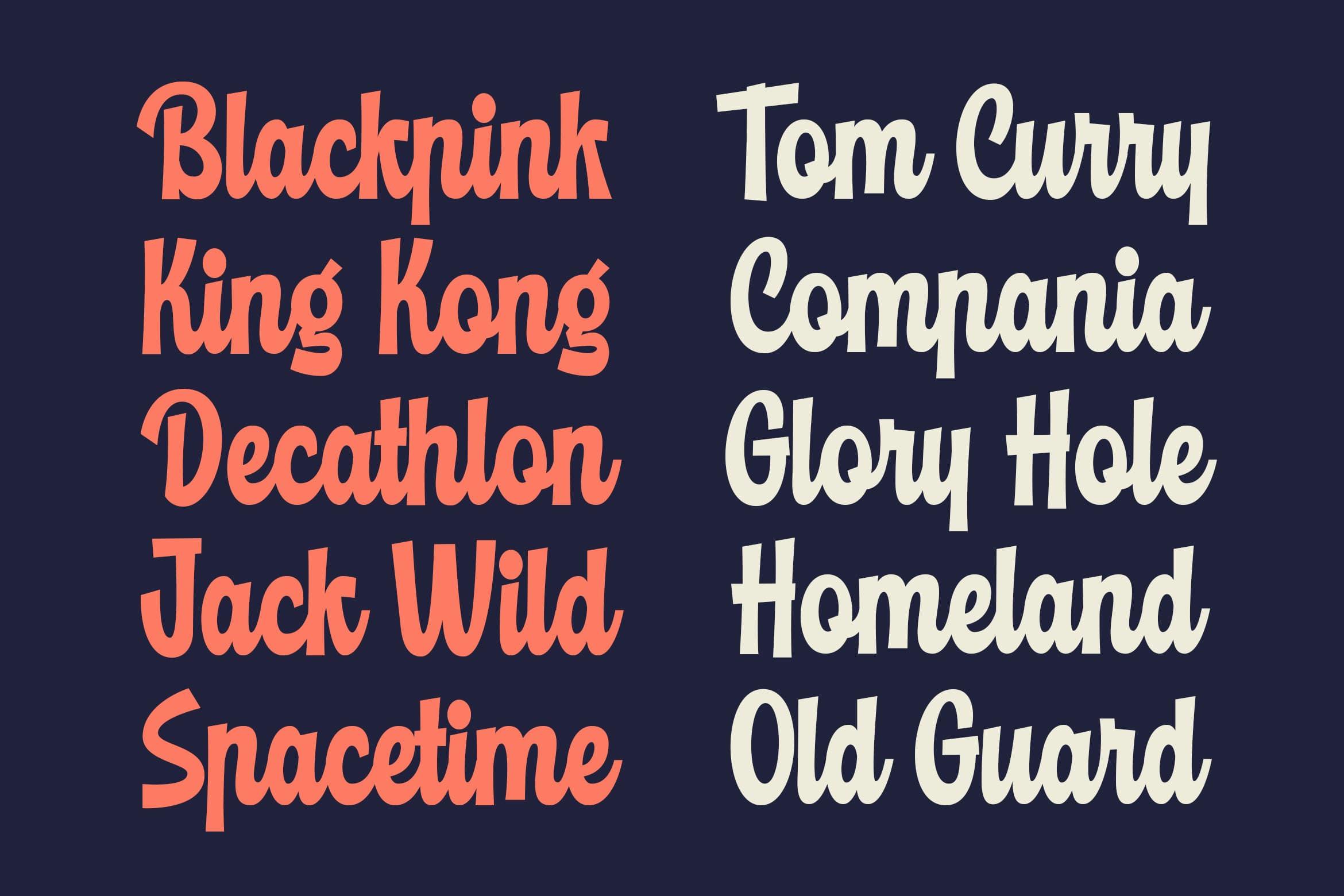 Retro display font collection with bold coral plus cream styles on dark navy background