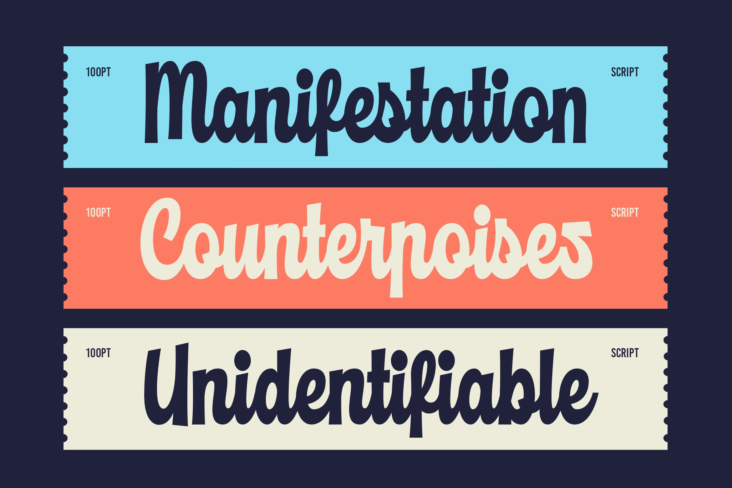 Manifestation, Counterpoises, Unidentifiable script font samples on colored banners