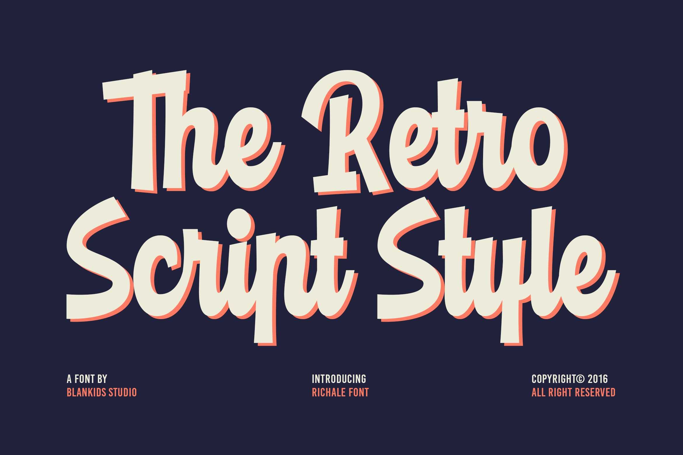 Retro Script Style font with cream letters outlined in coral red on dark blue