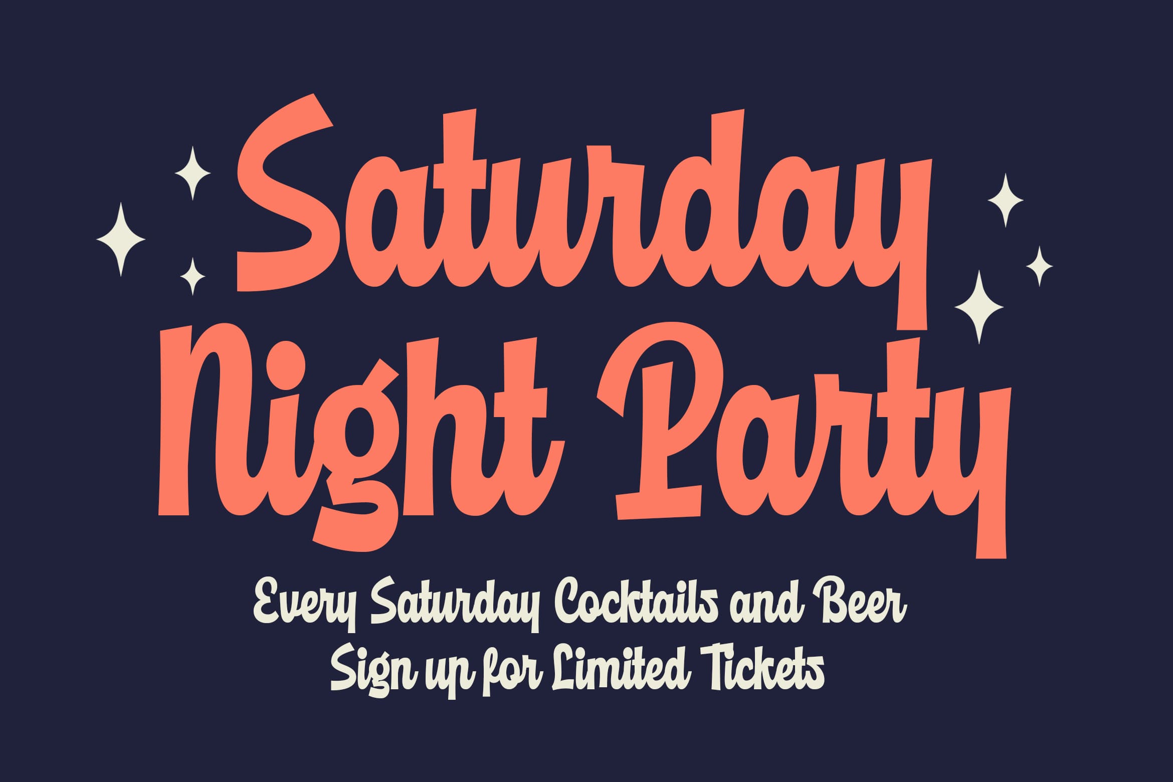 Saturday Night Party retro poster with coral text, sparkles, dark blue background