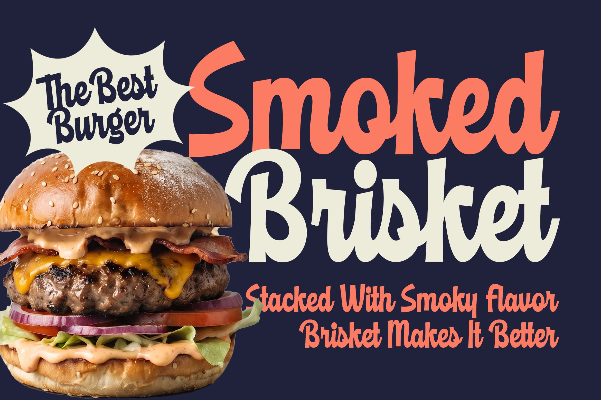 Retro burger shop poster with stacked beef patty, bacon, cheese, tomato, lettuce on sesame bun