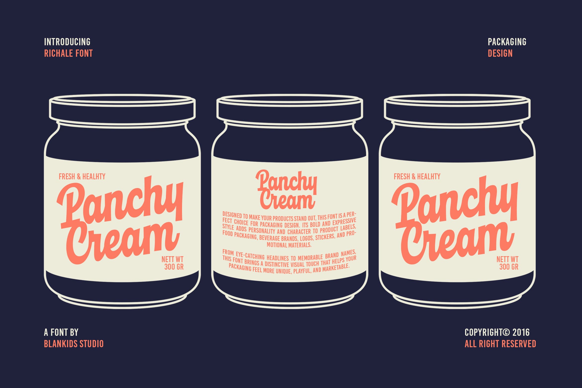 Richale Font packaging mockup with three jar labels in coral script on navy background