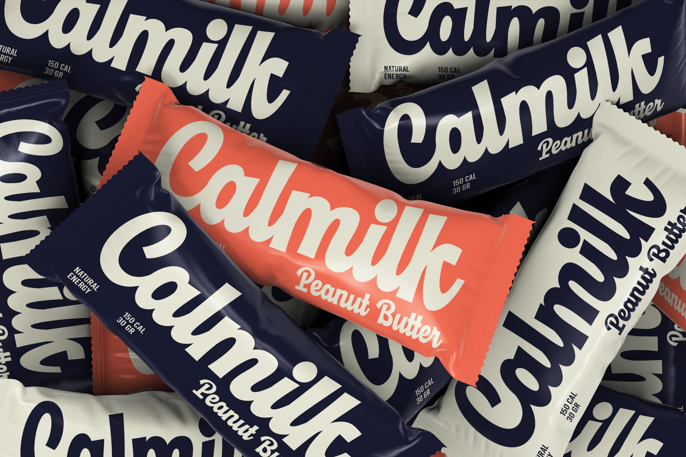 Calmilk protein bar mockup with coral peanut butter bar front center surrounded by navy flavors