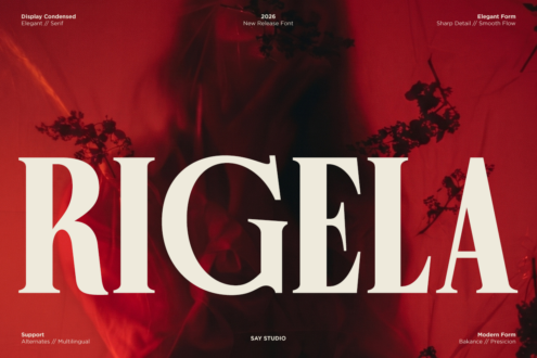 Rigela serif font displayed in cream on deep red with botanical shadows