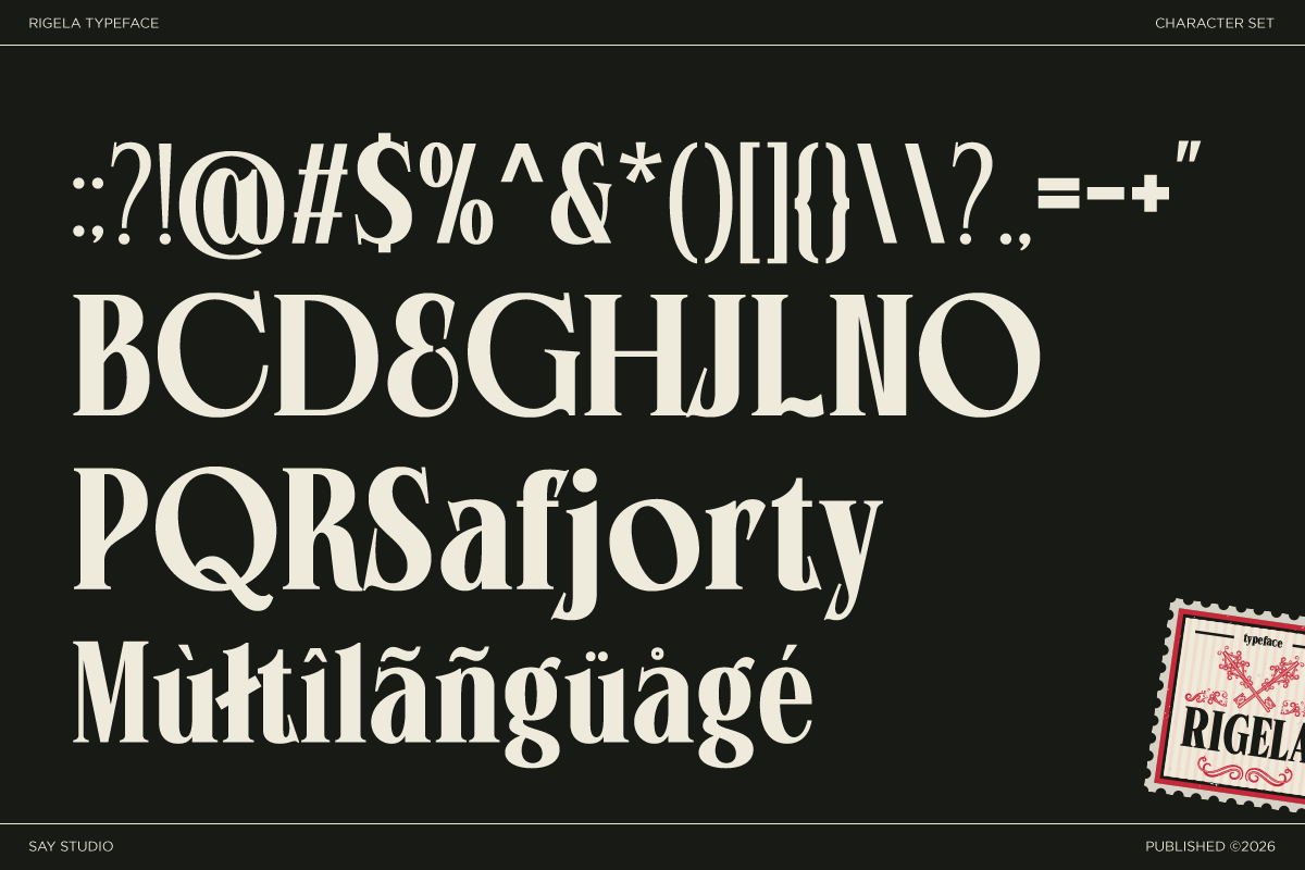 Rigela typeface character set showing multilingual glyphs, punctuation, numbers on dark background