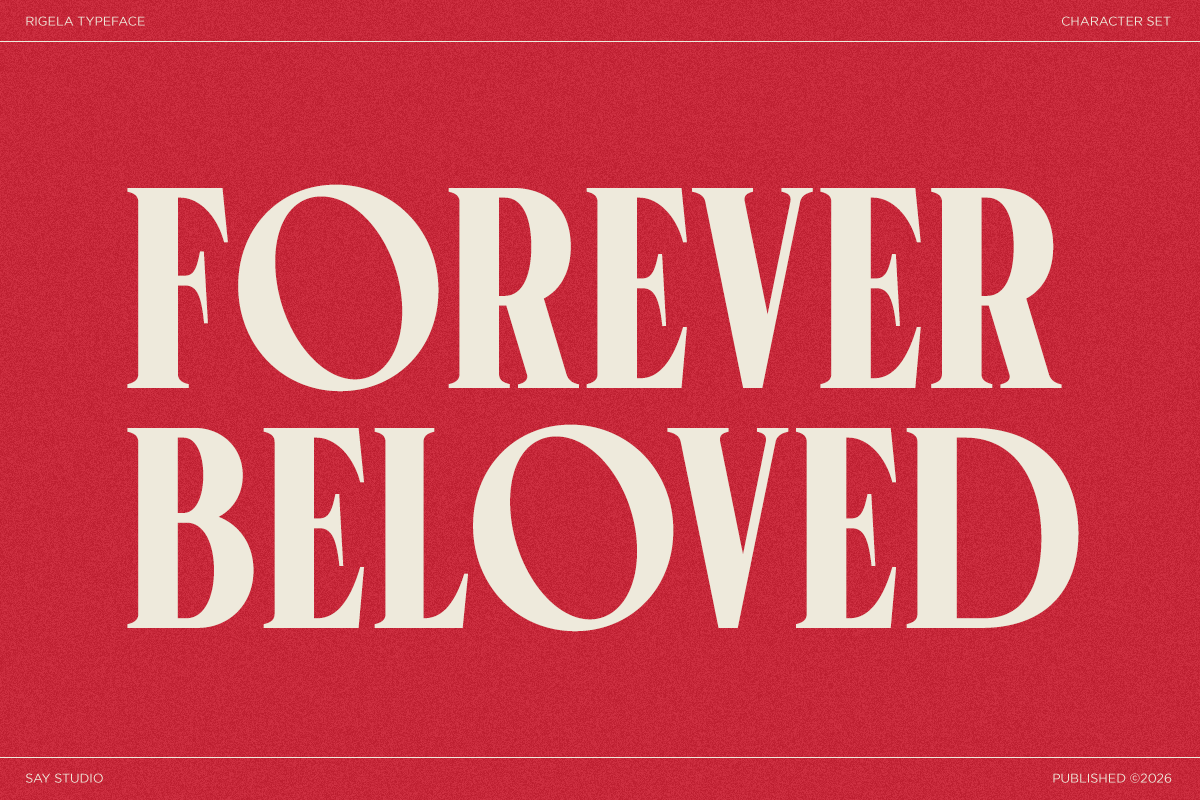 Bold cream serif typography reading "Forever Beloved" on vibrant red background, Rigela typeface character set