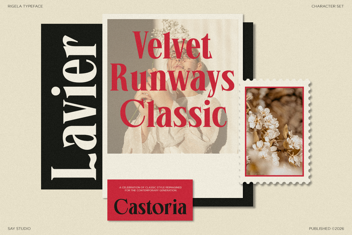Rigela typeface displayed across layered design samples with red serif text, botanical imagery, plus black geometric frames