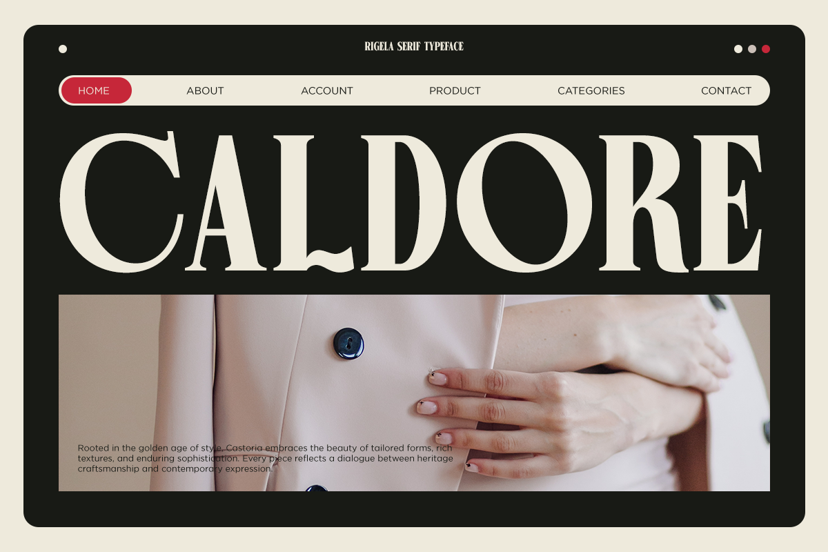 Rigela serif typeface displayed on dark website mockup with luxury fashion imagery