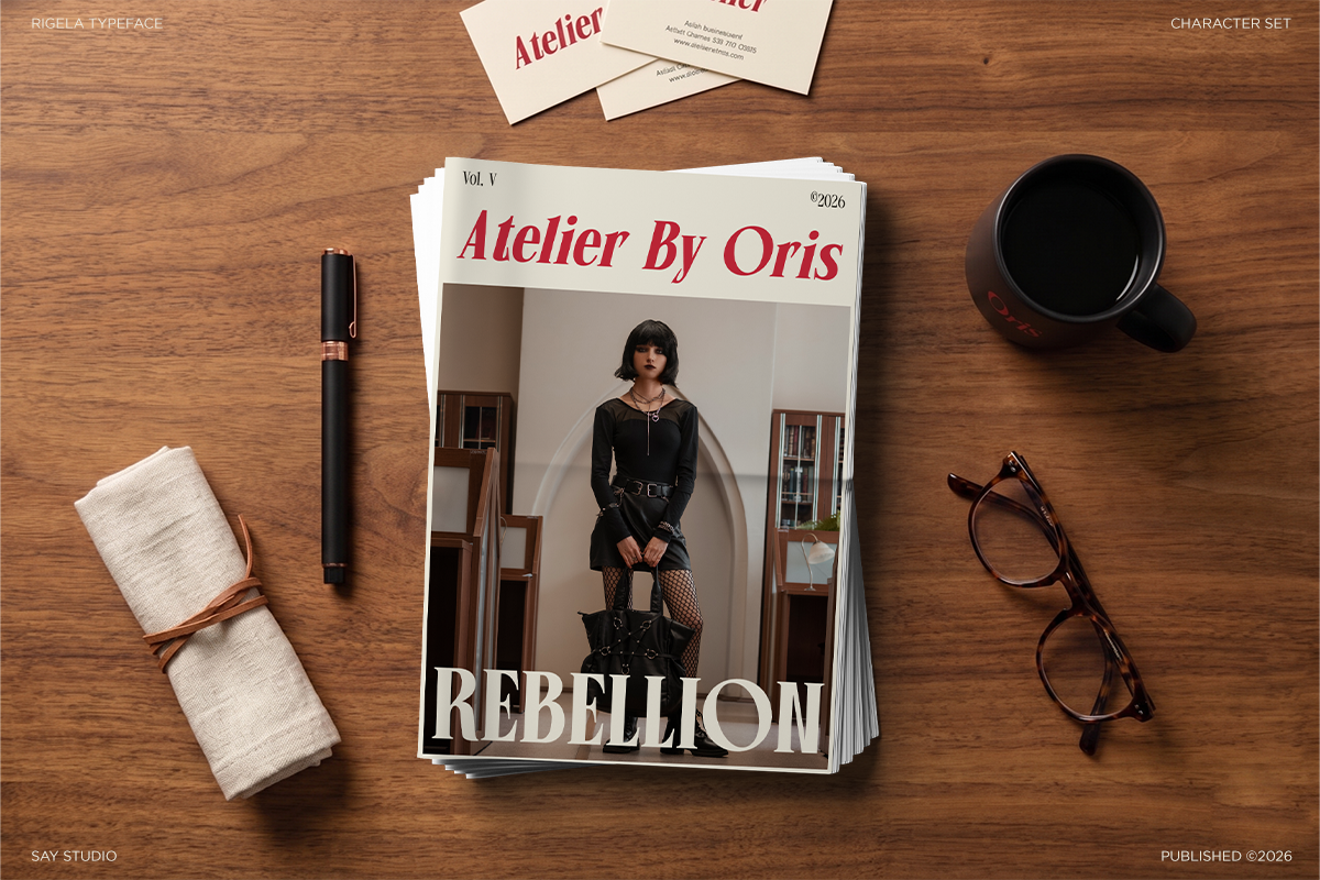 Styled flatlay with fashion magazine mockup, pen, coffee mug, glasses, notebook on wooden desk