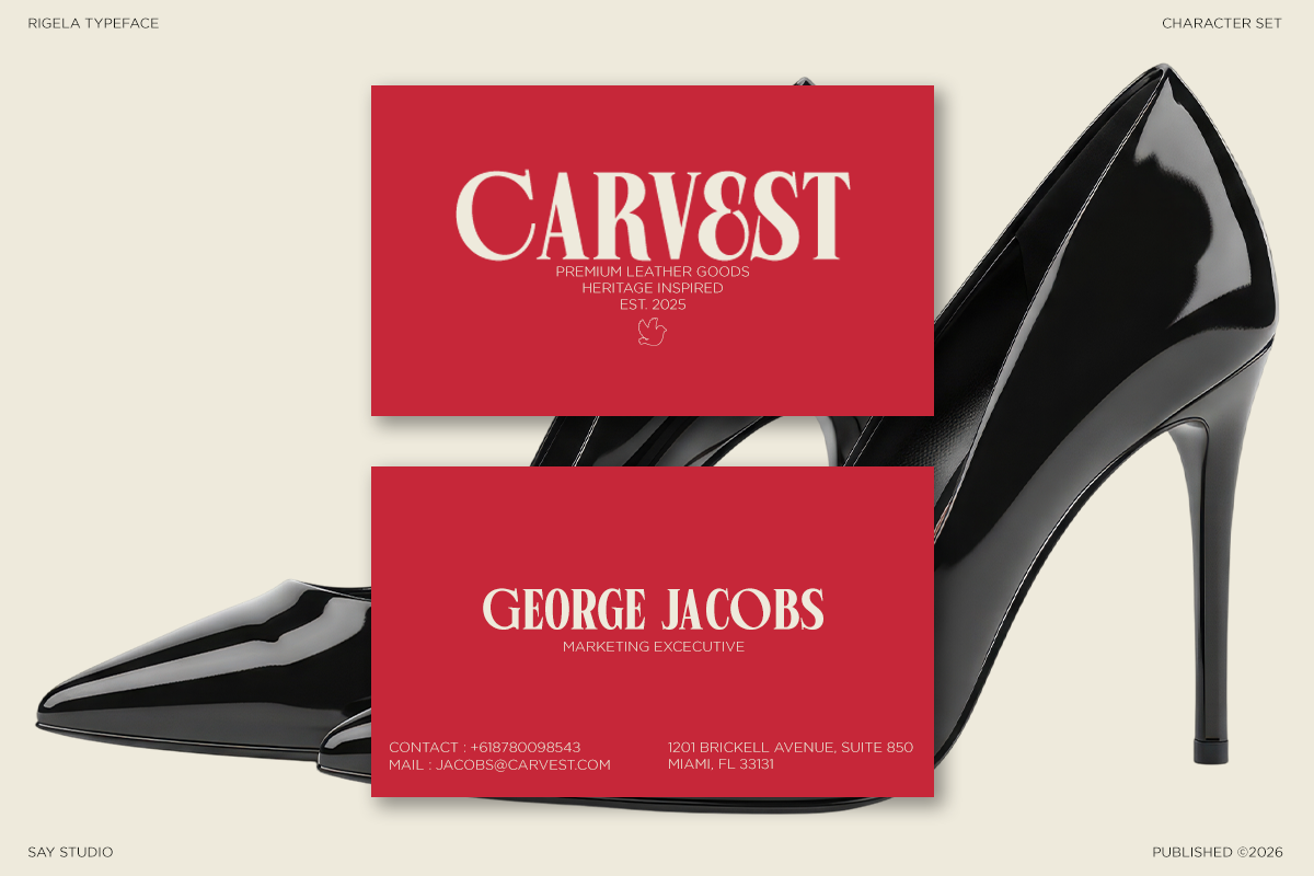 Rigela typeface display with red business cards styled on luxury black heels against cream background