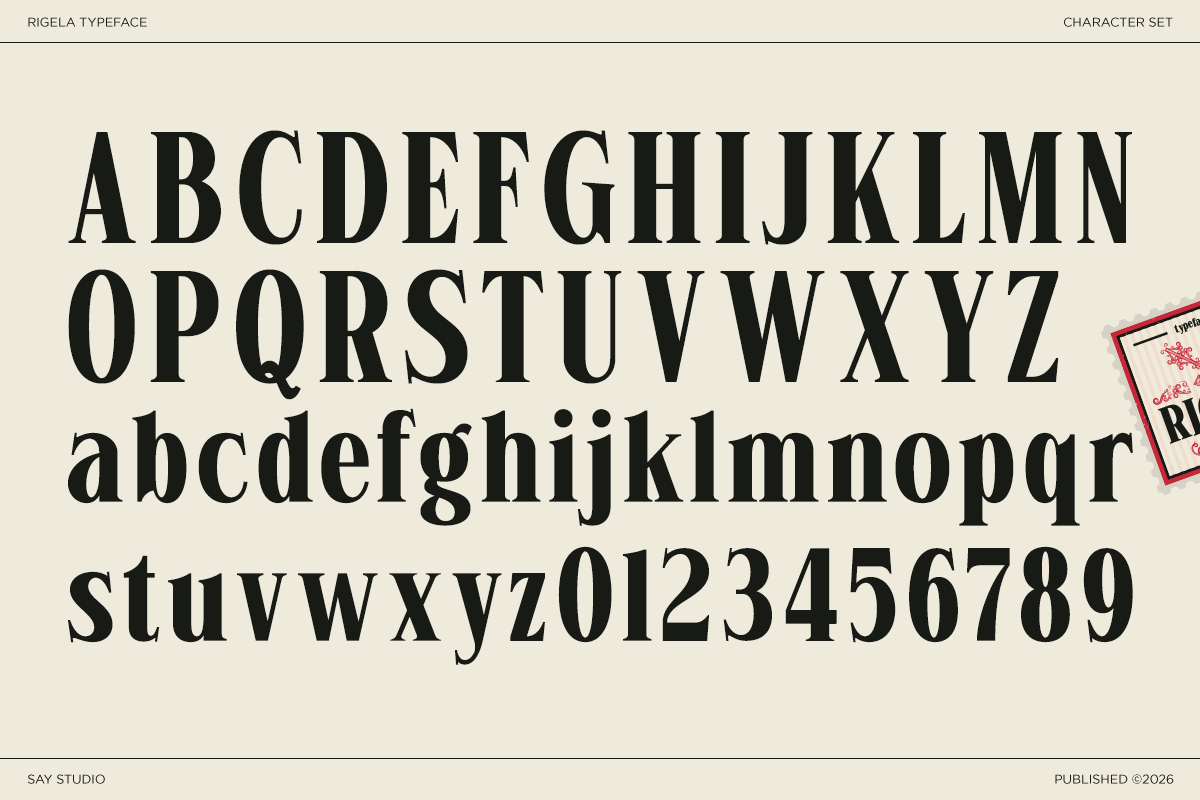 Rigela typeface showing full character set with caps, lowercase, numbers on cream background