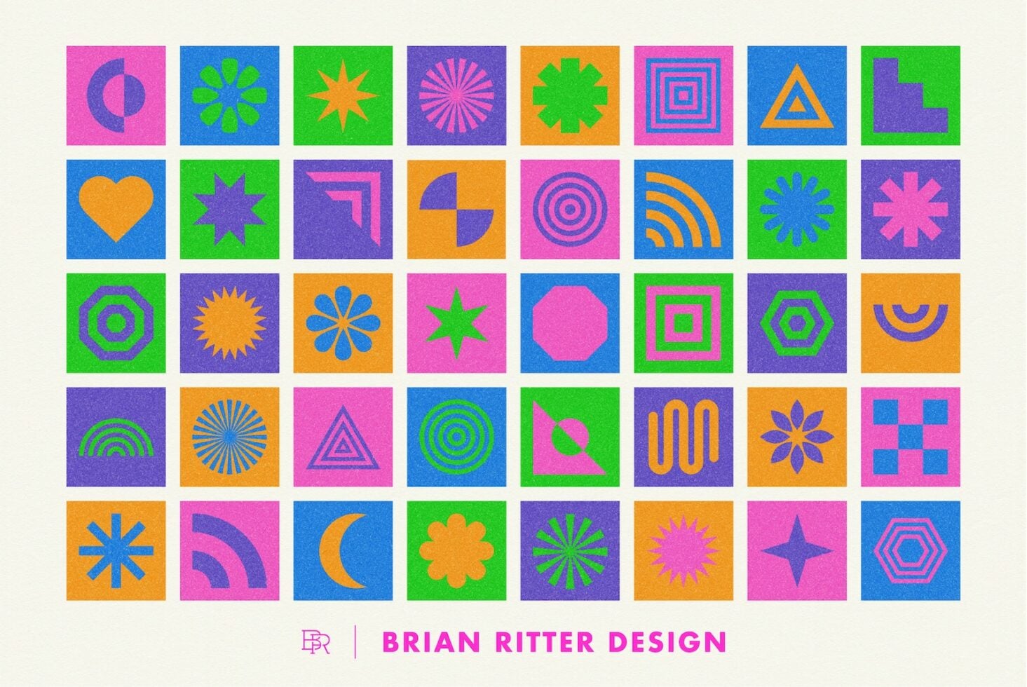 Colorful geometric icon grid with stars, circles, shapes in neon pink, blue, green, orange squares