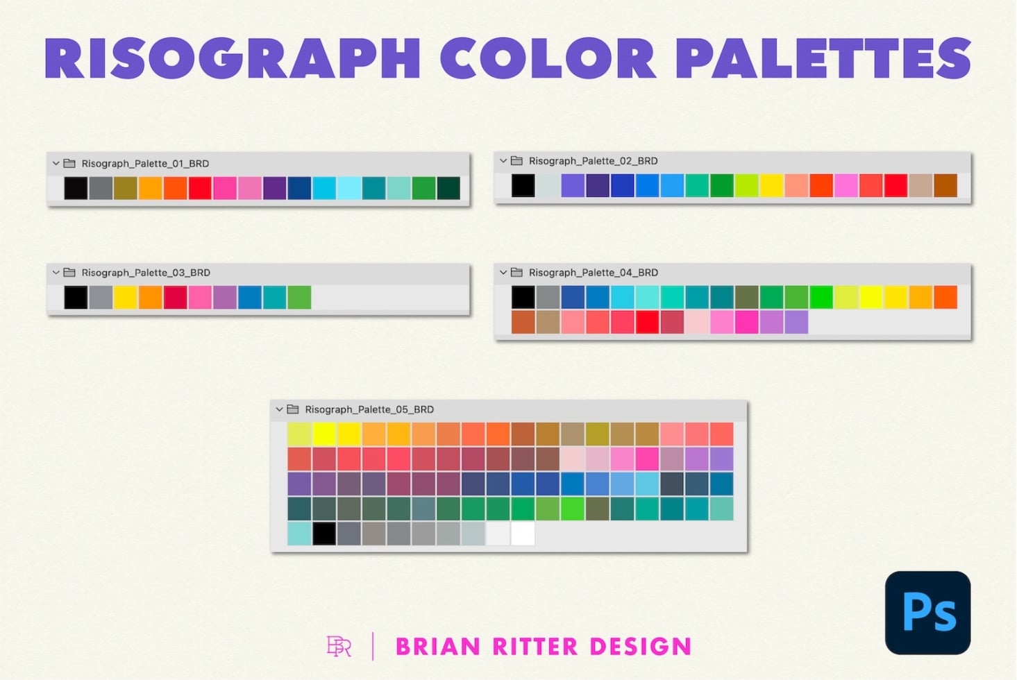 Five organized Risograph color palettes with vibrant hues spanning warm to cool tones