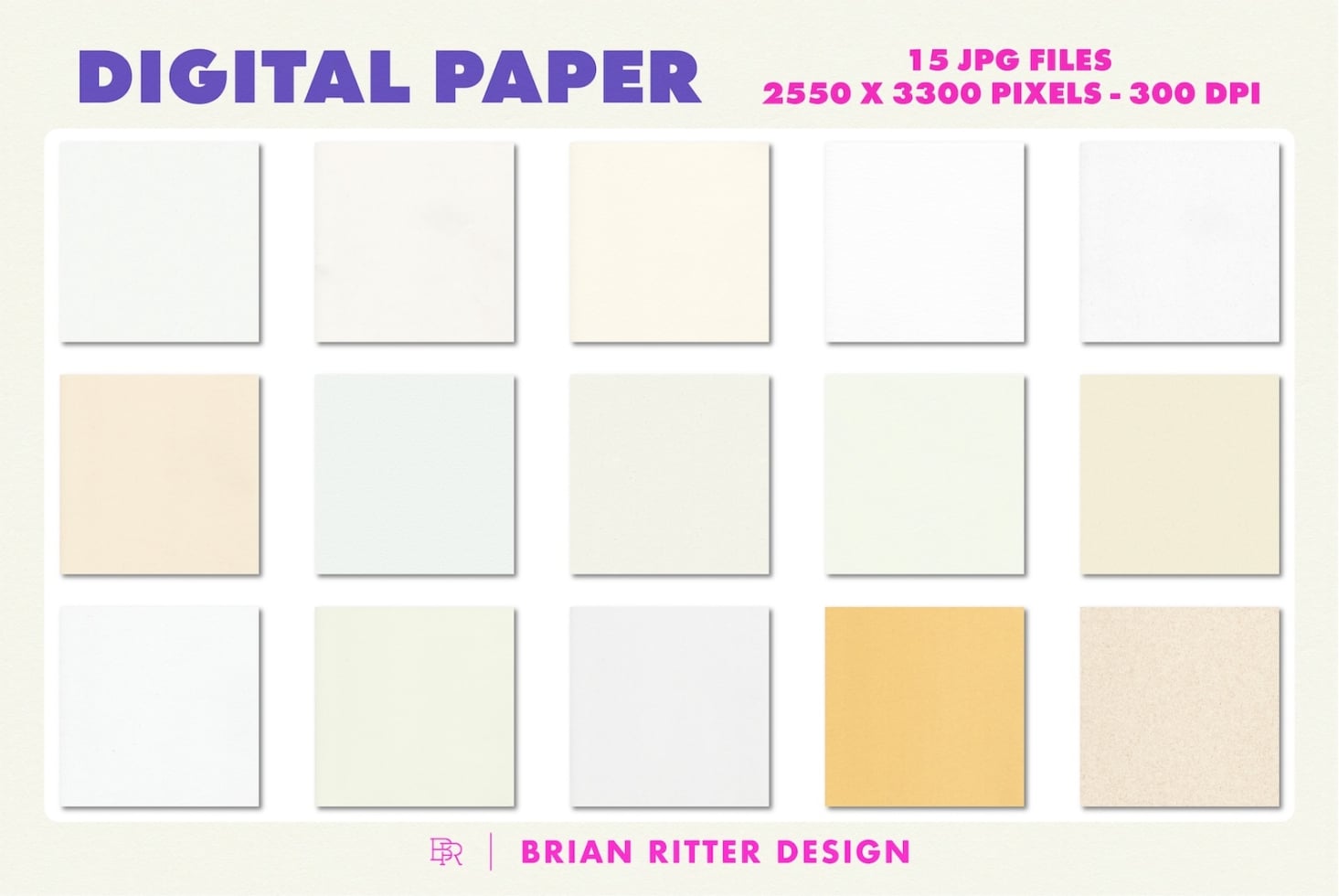 Grid of 15 neutral digital paper textures in cream, white, grey, plus one golden yellow option