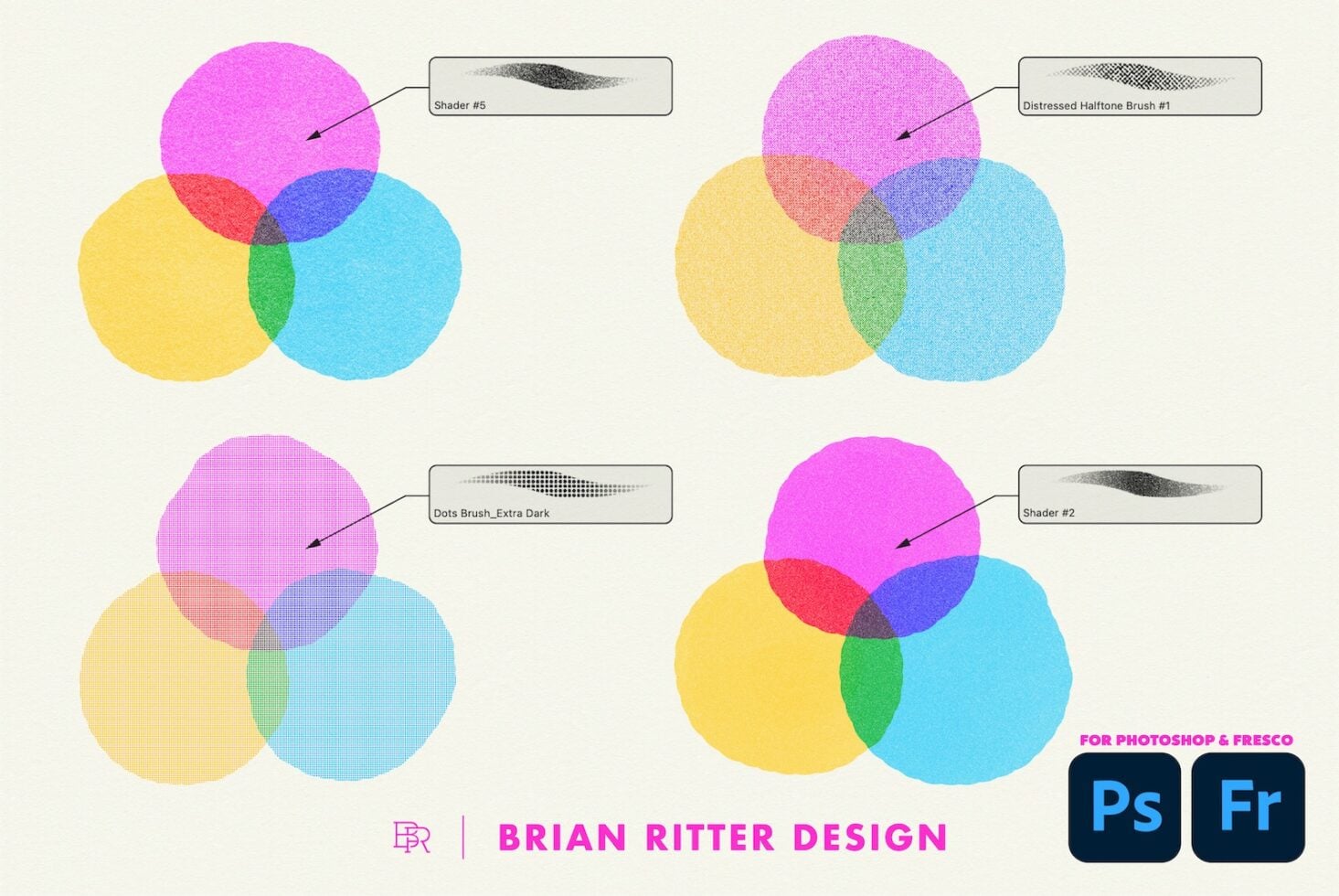 Colorful overlapping circles showing texture brush effects for Photoshop with labeled shader samples