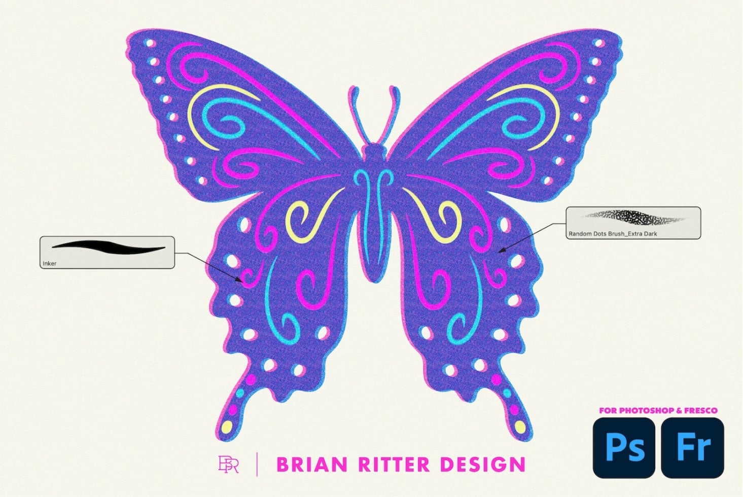 Vibrant neon butterfly with swirling patterns, magenta, cyan, gold lines on purple base
