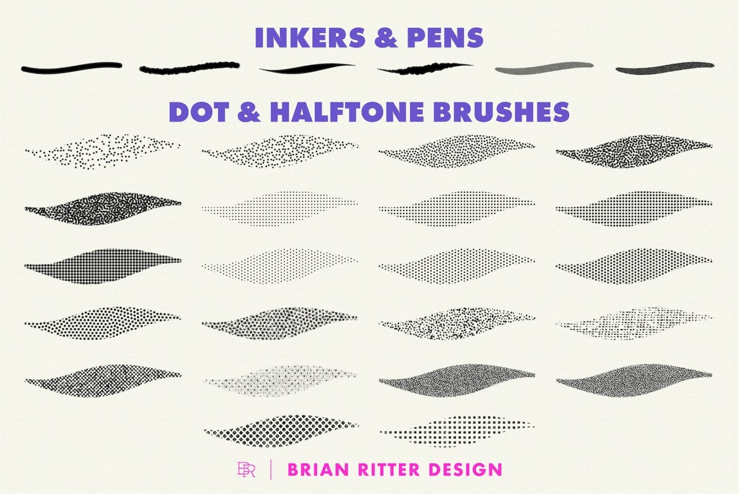 Hand-drawn ink strokes, dot patterns, halftone brushes collection for digital design work