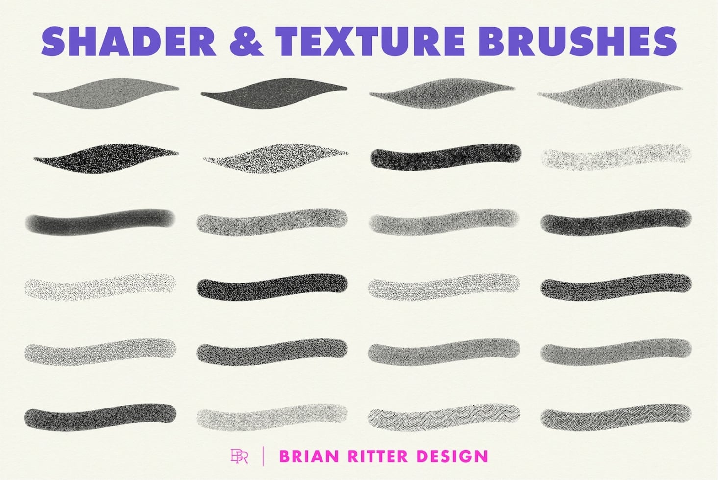 Brush stroke textures in grayscale ranging from fine stipple to rough charcoal marks