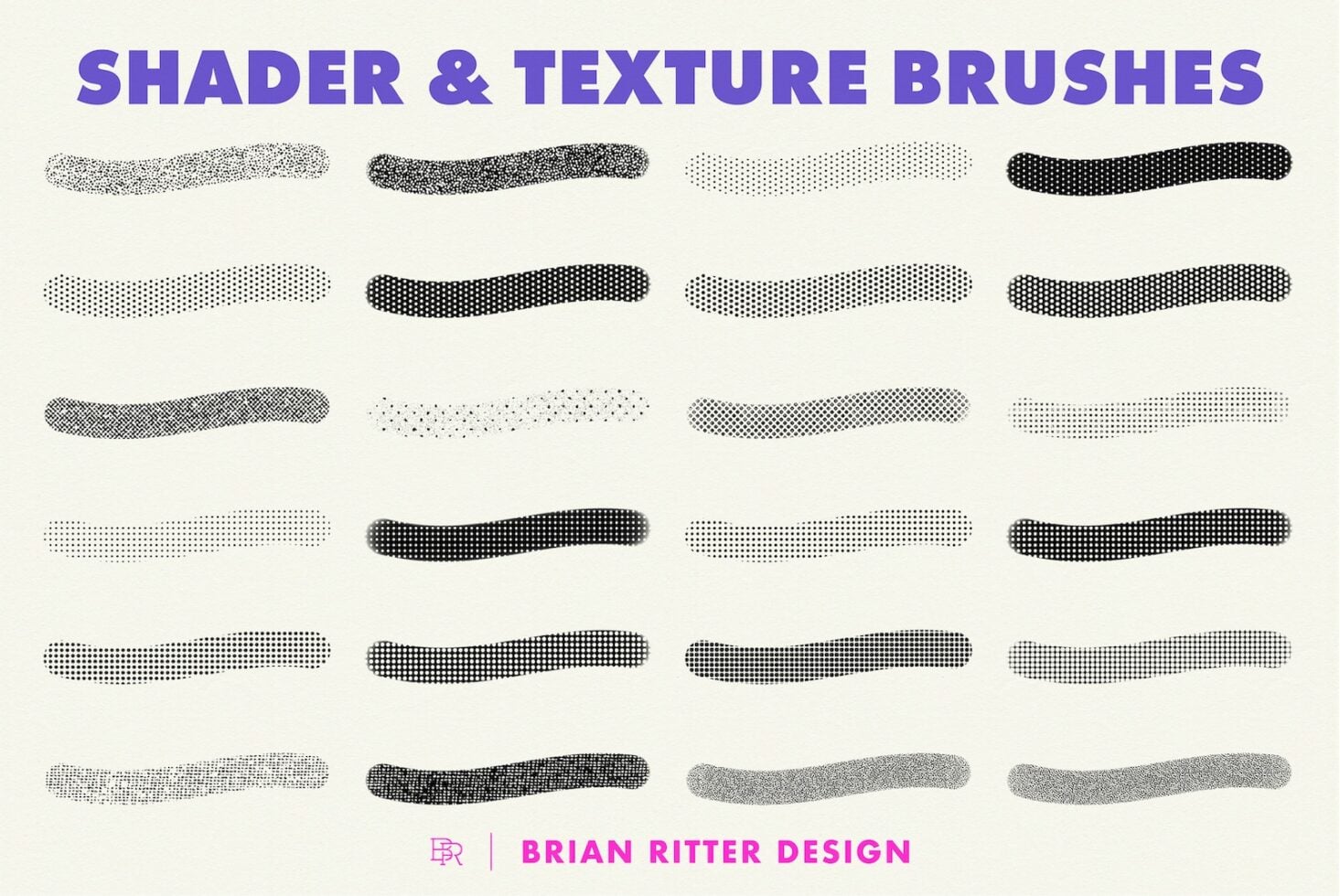 Collection of 24 dotted halftone brush strokes in varying densities from light to solid black