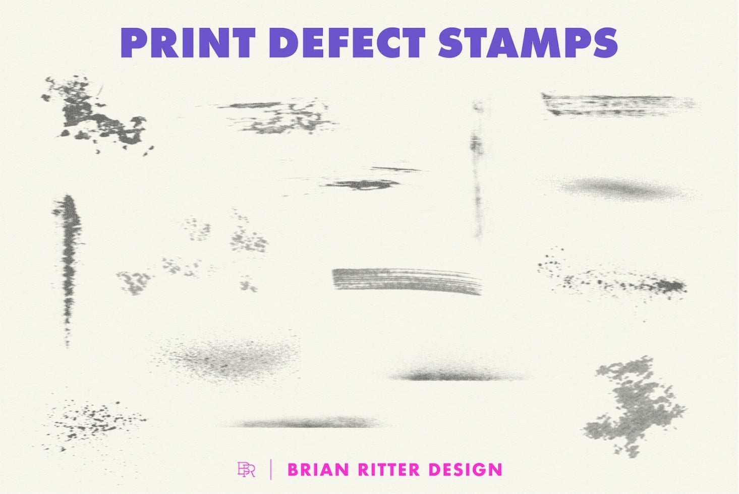 Print defect stamps with gritty textures, scratches, splatters, worn marks for designs