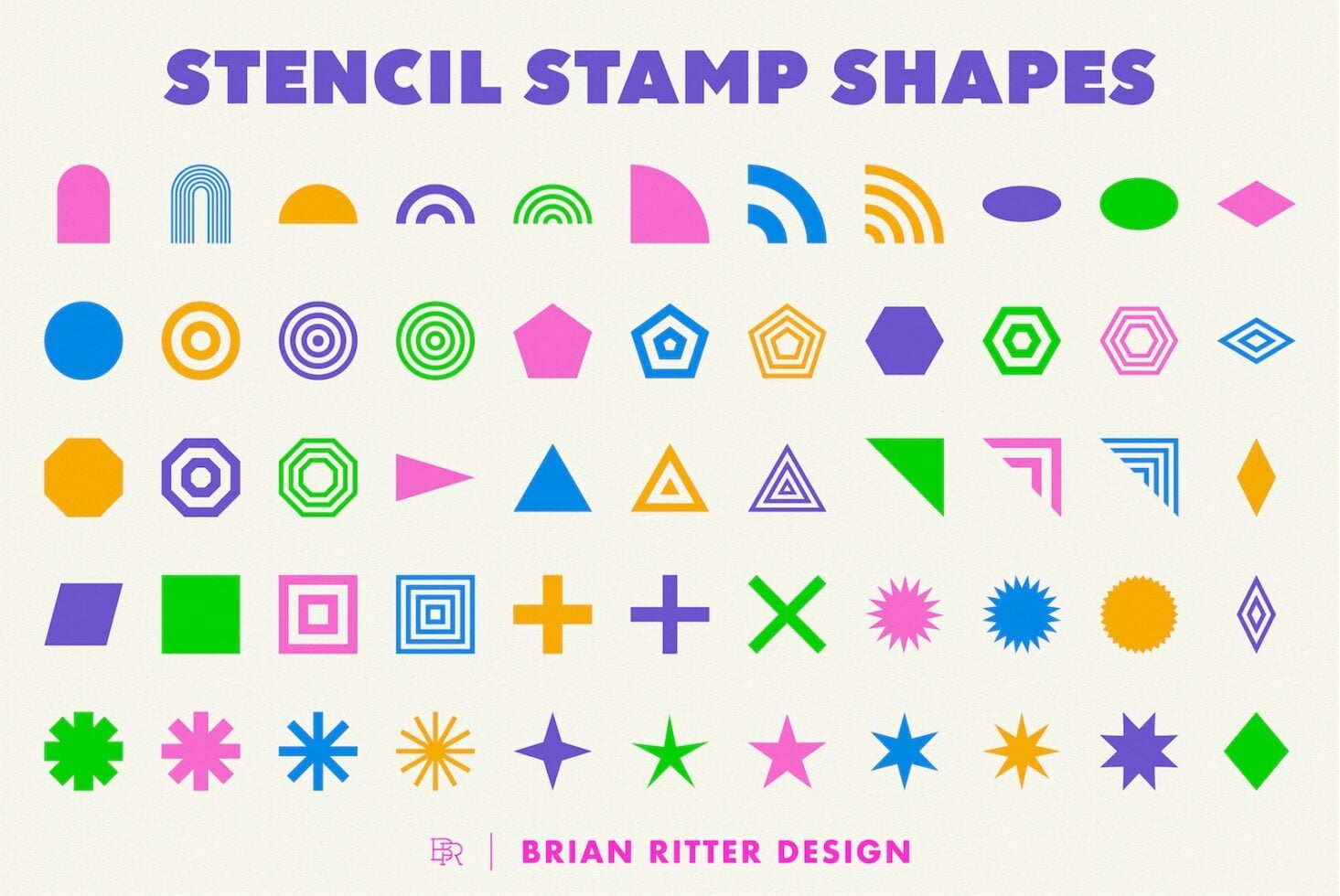 Colorful stencil stamp shapes in geometric forms like circles, stars, hexagons, triangles