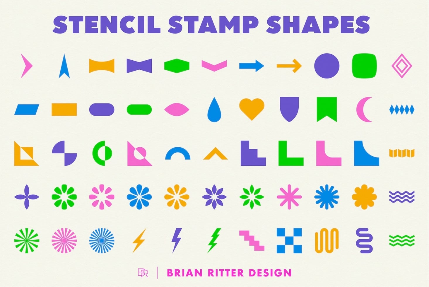 Colorful geometric stamp shapes in neon colors, arrows, stars, flowers, lightning bolts