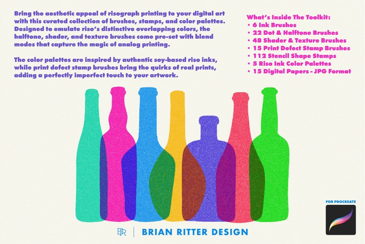 Risograph brush toolkit with overlapping colorful bottles showing halftone textures in teal, magenta, blue, yellow, purple, coral, green