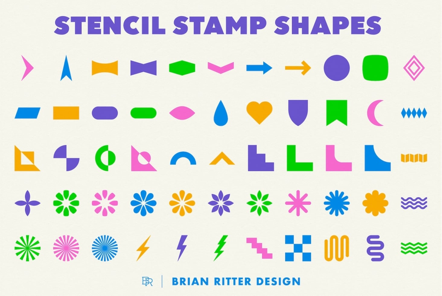 Bright colorful stencil stamp shapes library with geometric forms, flowers, stars, lightning bolts