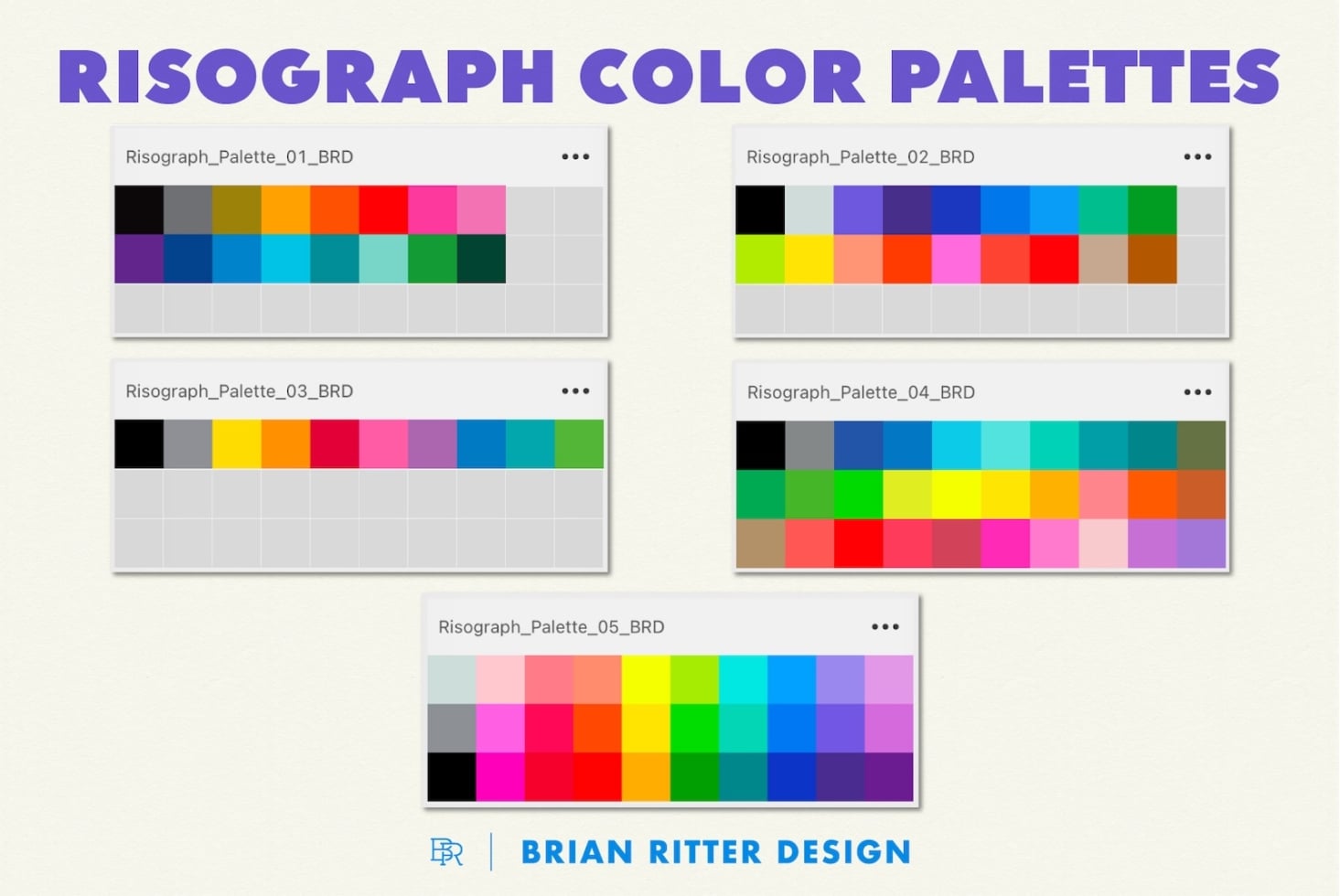 Five vibrant Risograph color palettes with bold hues ranging from neons to earth tones