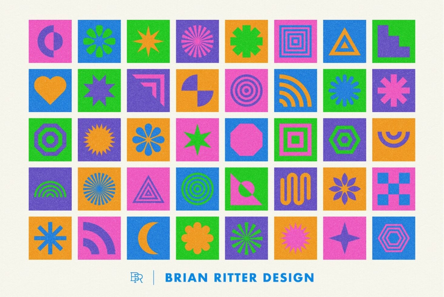 Colorful grid of geometric shapes in neon pink, blue, green, orange. Stars, circles, hearts, triangles.