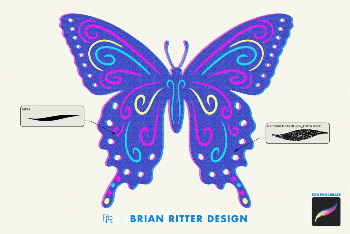 Neon butterfly with swirling patterns, magenta, cyan, yellow lines on deep blue with texture overlays