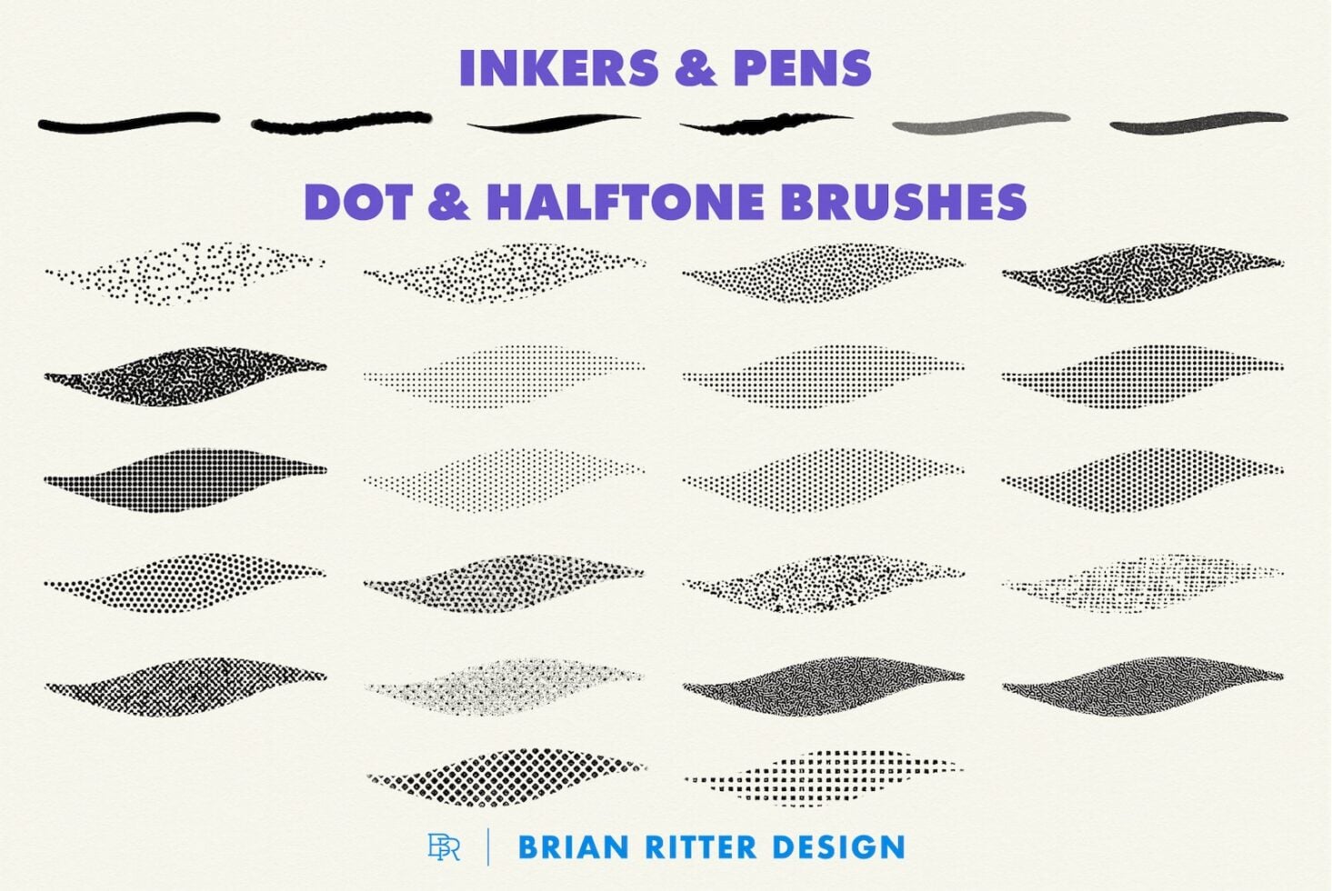 Hand-drawn ink strokes, dot patterns, halftone brushes for digital design work