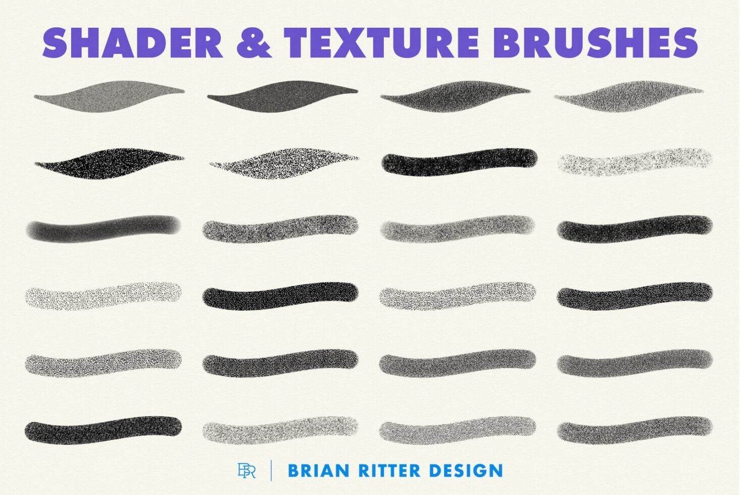 24 different grayscale shader brushes with varied grain textures, from smooth gradients to rough stipple effects