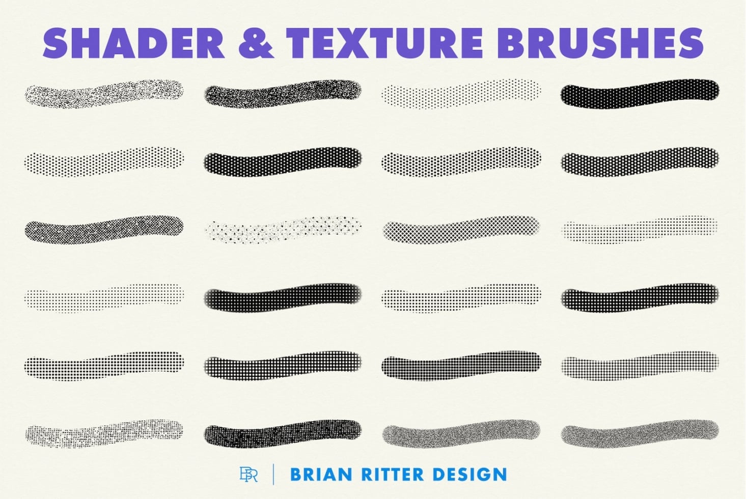 24 textured brush strokes with halftone dots, stipple, grain effects in black, white, gray