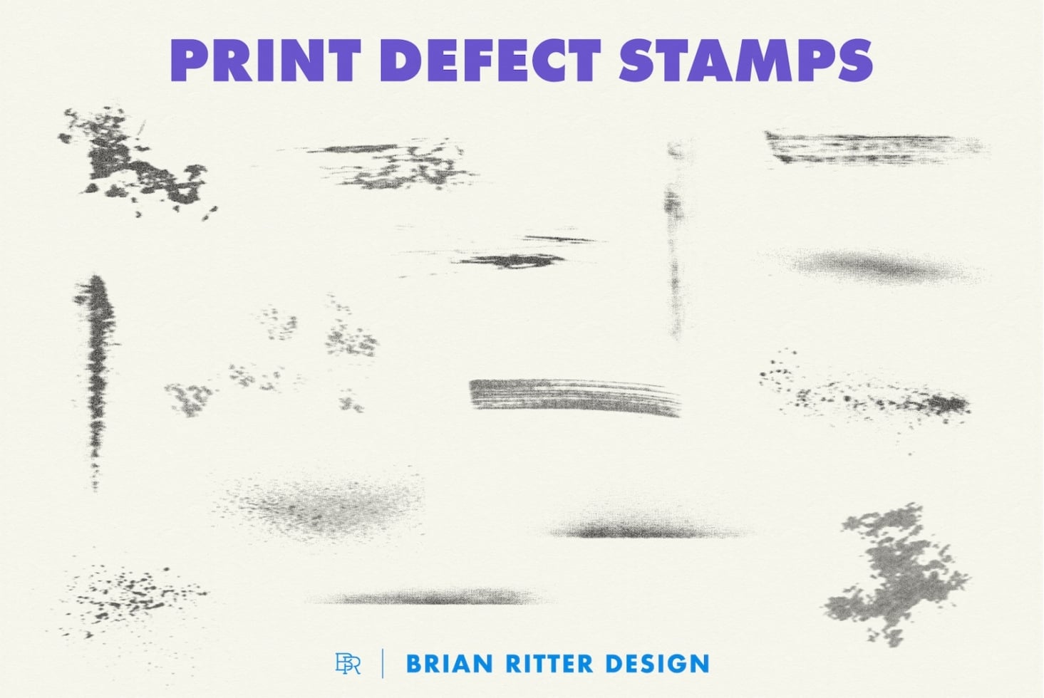 Print defect stamps with distressed textures, smudges, scratches for gritty design work