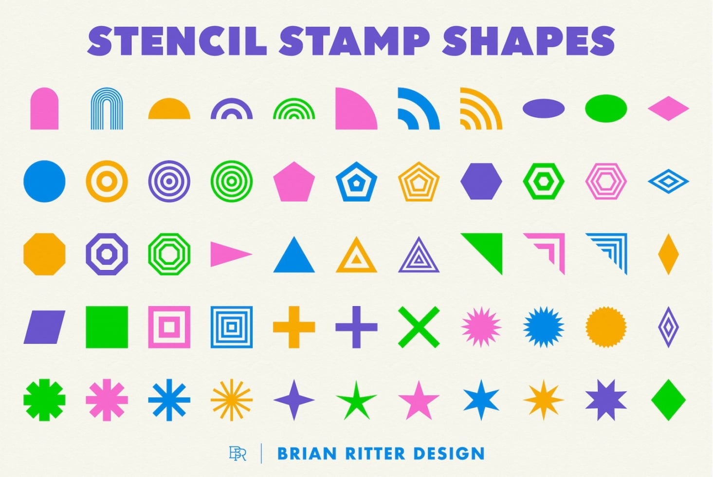 Colorful stencil stamp shapes in bright blues, greens, pinks, oranges. Circles, stars, hexagons, triangles, plus signs more.