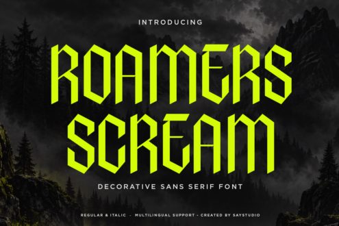 Roamers Scream font in neon yellow against moody mountain backdrop with forest silhouettes