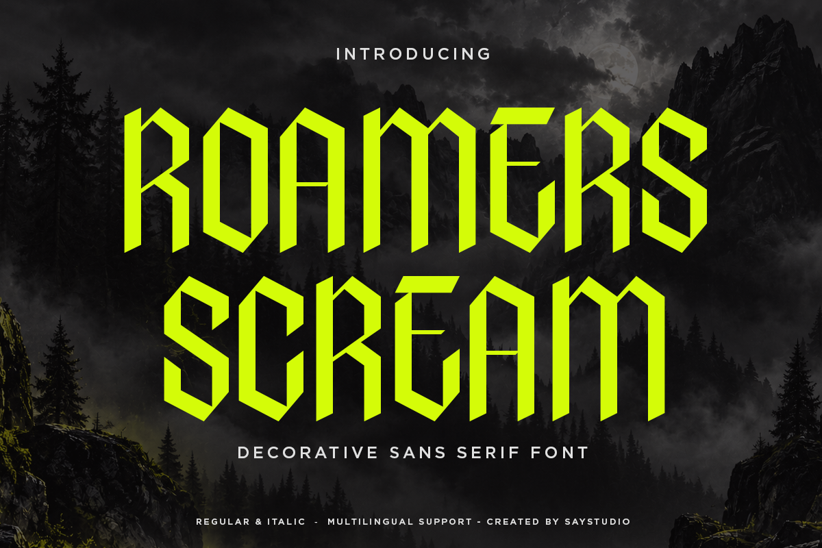 Roamers Scream font in neon yellow against moody mountain backdrop with forest silhouettes