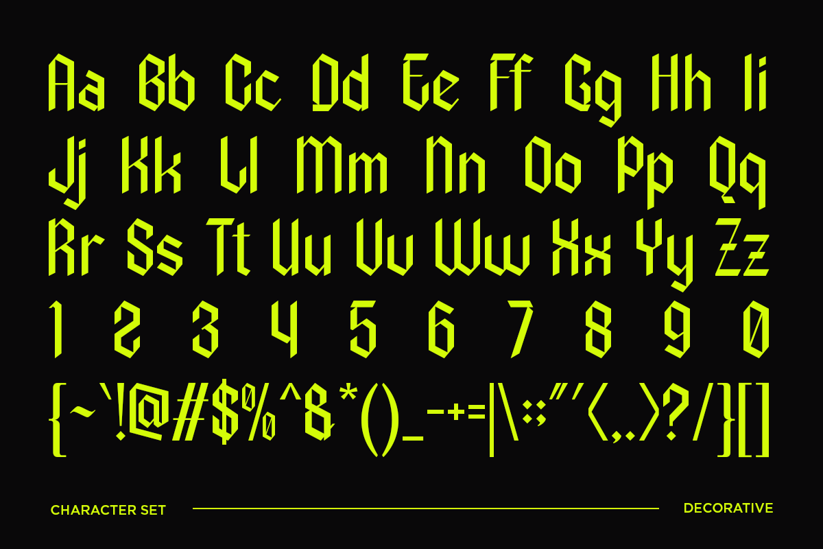 Neon yellow geometric font on black background showing full character set with numbers plus symbols