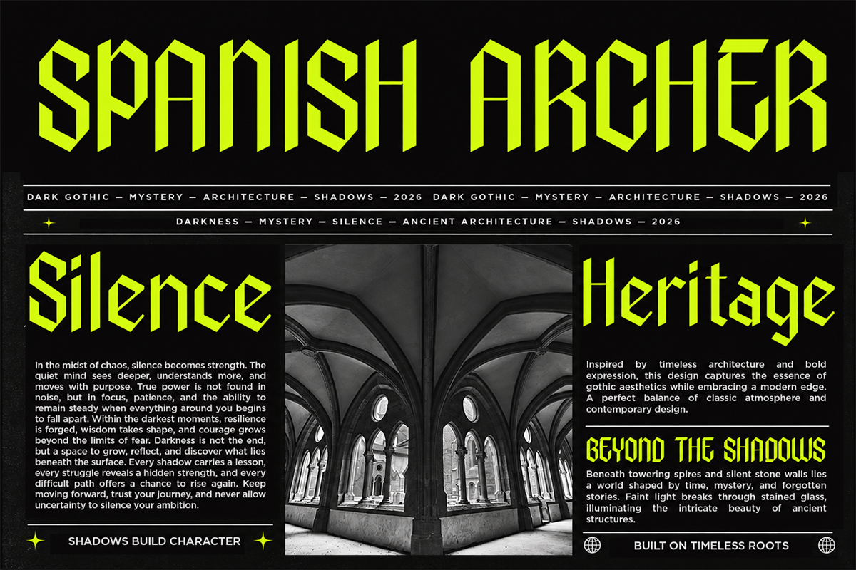 Neon yellow gothic font with dark architecture photography, mystery vibe