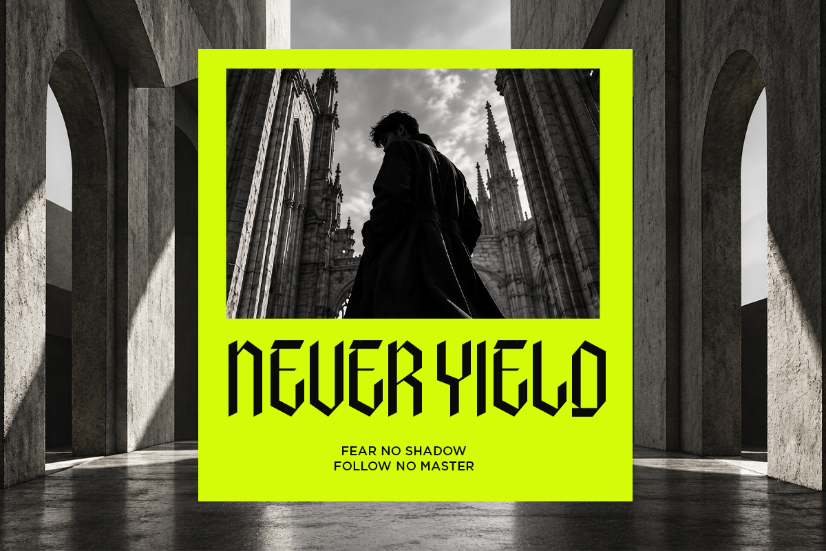 Neon yellow polaroid mockup with gothic architecture photo, bold sans serif type overlay